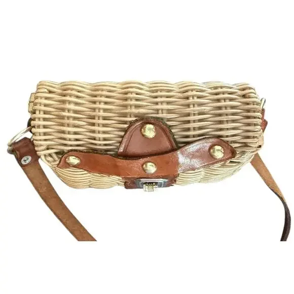 Vintage Wicker Purse Mini Summer Leather Strap Flip Top Twist Lock - Picture 5 of 16